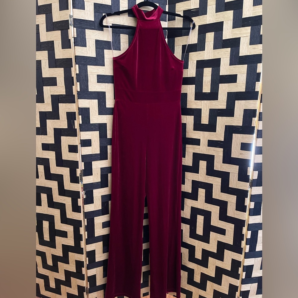 Red stretch velvet jumpsuit, size small